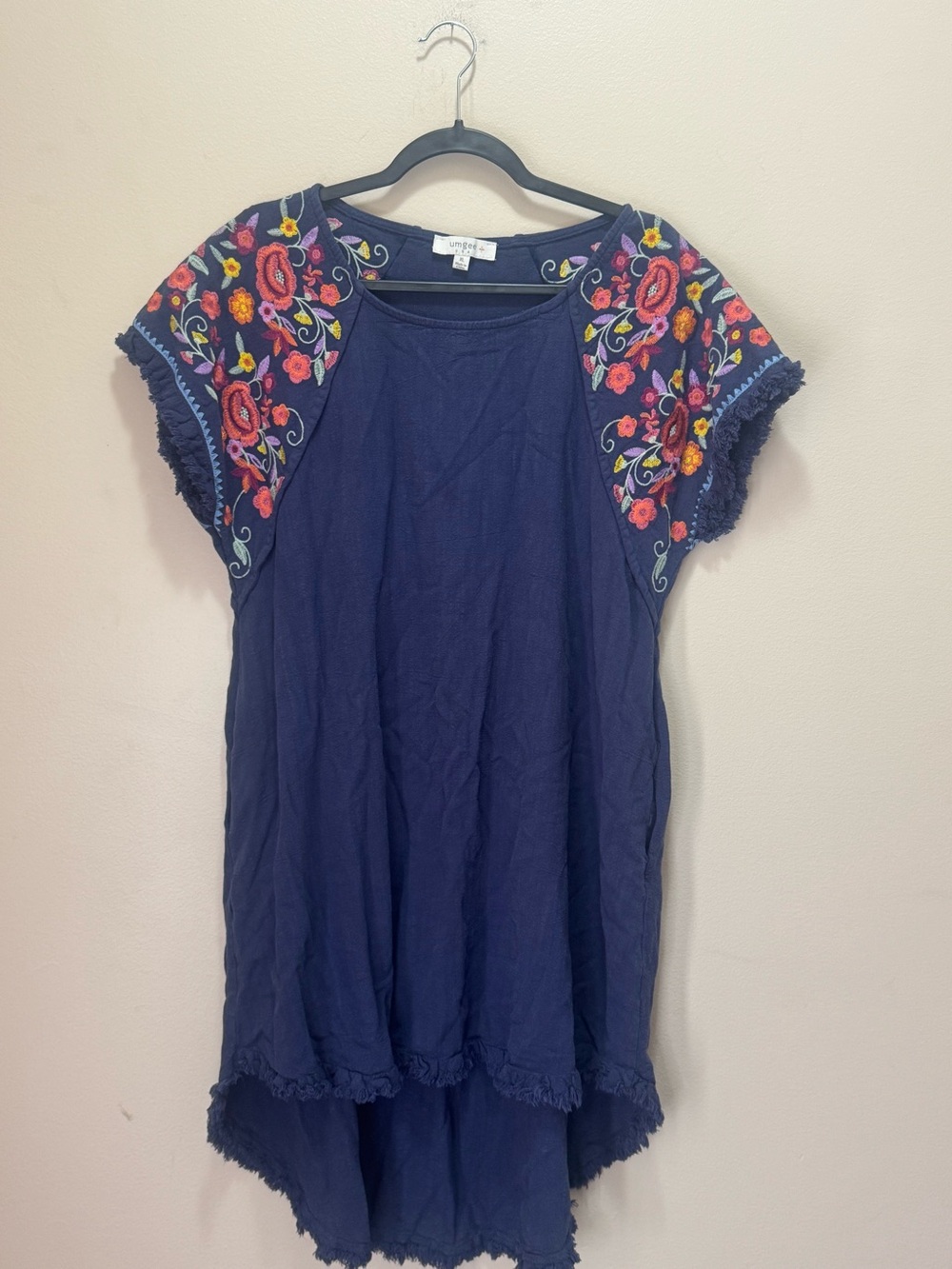 Umgee Blue Linen Dress with Floral Embroidery